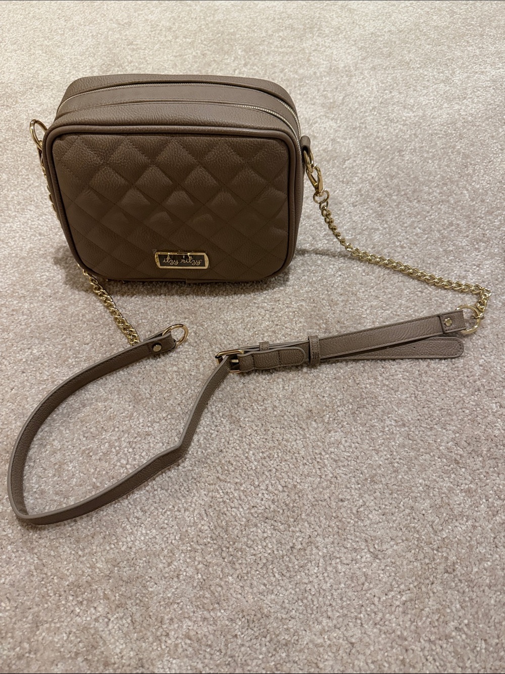 Itzy Ritzy Taupe Quilted Crossbody with Gold Chain